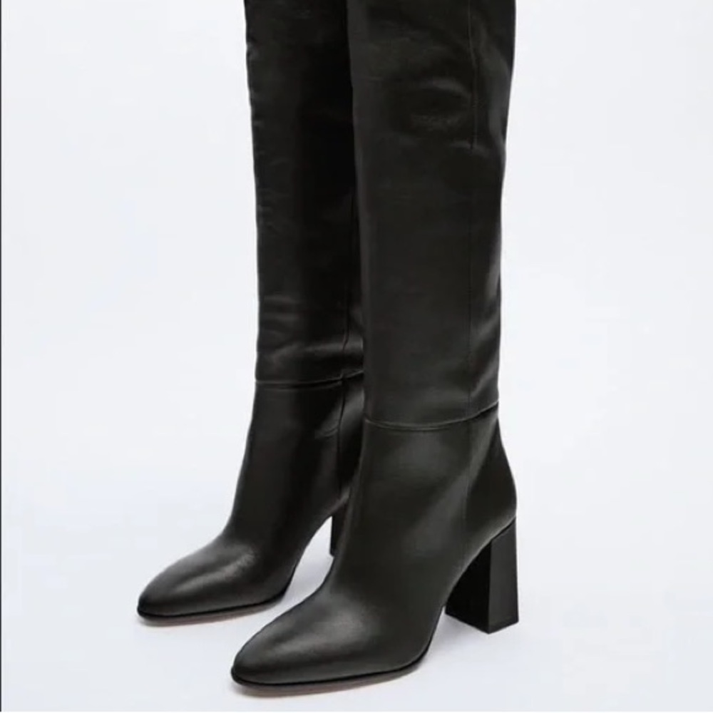 Zara black leather heeled boots 37